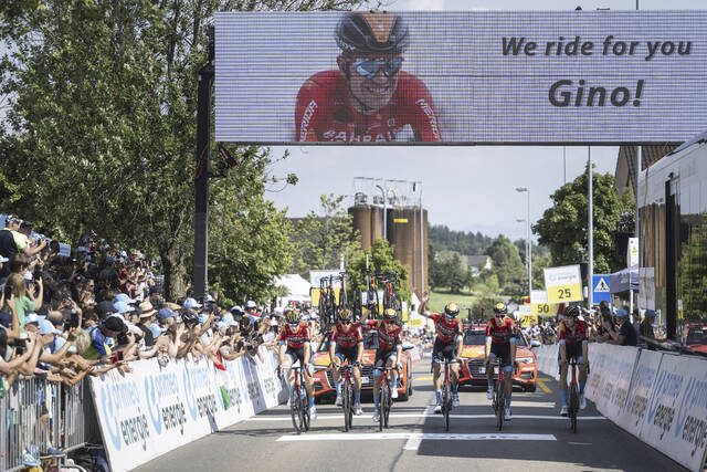 The cyclists of Bahrain-Victorious team ride in honor of Gino Maeder, after a 20 kilometers ride from Tuelersee to Oberwil-Lieli named “Gino Memorial Ride” which took place instead of the 6th stage of the Tour De Suisse, tour of Switzerland cycling race, on Friday, June 16, in Chur, Switzerland.