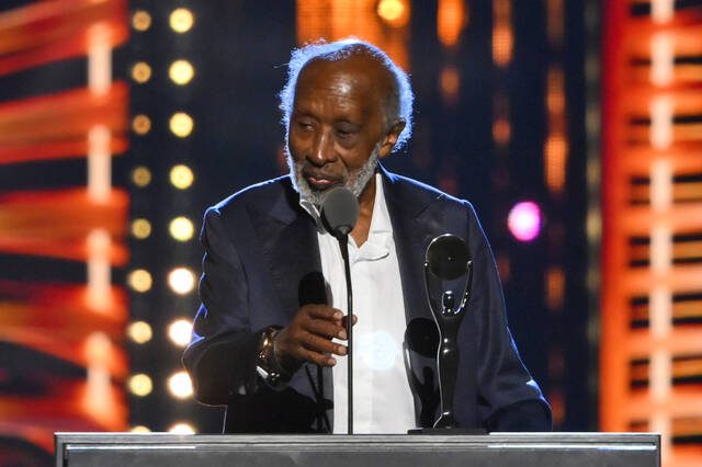 Clarence Avant speaks during the Rock and Roll Hall of Fame Induction ceremony Saturday, Oct. 30, 2021, in Cleveland. Avant was inducted for the Ahmet Ertegun Award. Known as “The Godfather of Black Music,” he has died. He was 92.