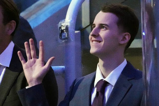 Toronto Maple Leafs’ 2020 first-round draft pick Rodion Amirov waves as he is acknowledged by the crowd before the team’s NHL hockey action against the Washington Capitals in Toronto.