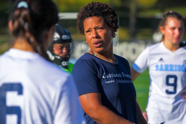 Garrison Forest Grizzlies head coach Mimi Smith reacts during a game against Glenelg.