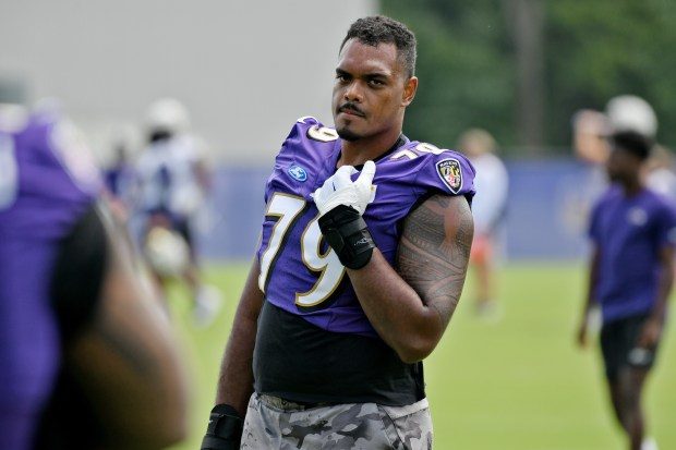 #79 Ronnie Stanley, Baltimore Ravens tackle, during training camp on Tuesday at the Under Armour Performance Center.