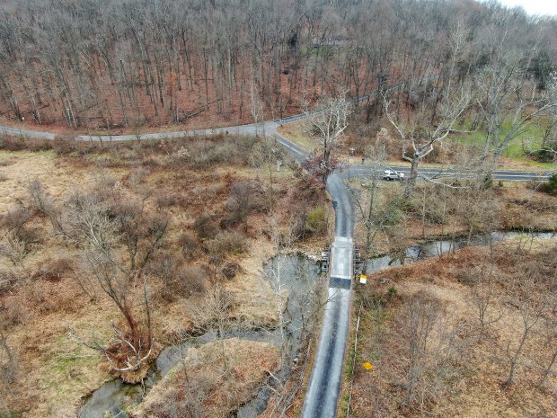 Dec. 1, 2023: Board of Carroll County Carroll County Commissioners meeting Thursday, discussed the possible closing of the bridge at Babylon Road, center, looking south towards Mayberry Road. Kump Station Road is at center-right. County officials are considering replacing the Babylon Road bridge with something new and safer. The bridge crosses over Silver Run in northwestern Carroll County. (Jeffrey F. Bill/Staff)