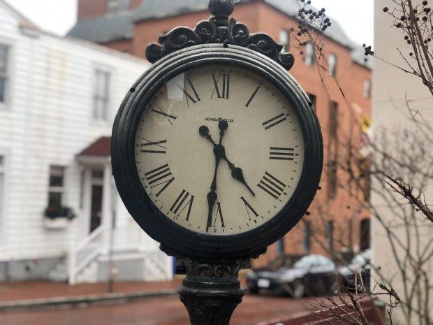 The clock at the corner of State Circle and Francis Street in Annapolis should have been adjusted forward one hour on the morning of Sunday, March 8 to mark the return to daylight saving time. Under a plan pending in the General Assembly, it might never go back to standard time again.