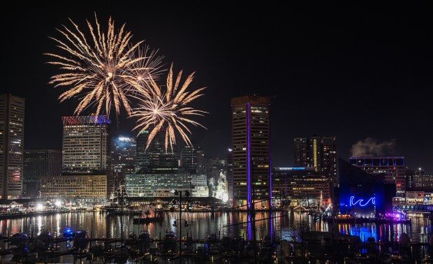 Fireworks light up the Inner Harbor as Baltimore rings in 2023 on New Years Eve. (Jerry Jackson/Staff photo)