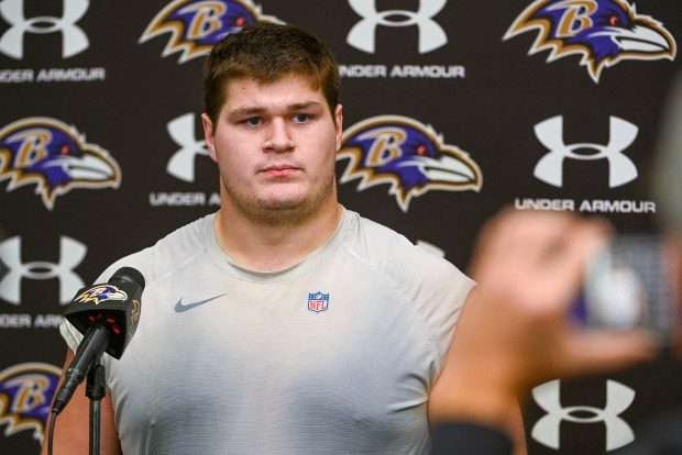 Baltimore Ravens offensive lineman Tyler Linderbaum talks with the media after practice at Under Armour Performance Center. (Kevin Richardson/Sun Staff)
