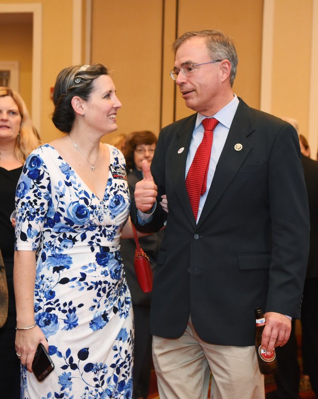 U.S. Rep. Andy Harris, right, gives the thumbs up to his then-fiance Nicole Beus, as the couple hears that Donald Trump is ahead in Florida during the 2016 Maryland GOP Victory Party. Nicole Beus Harris is the chair of the Maryland Republican Party. File. (Paul W. Gillespie/Capital Gazette).