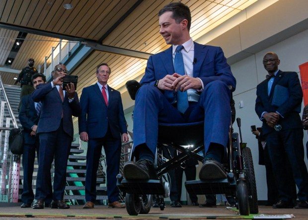 U.S. Secretary of Transportation Pete Buttigieg tests out an autonomous wheelchair during his visit to Morgan State University's campus on Wednesday, April 20. Secretary Buttigieg answered questions at a town hall after touring the National Transportation Center lab at the School of Engineering.