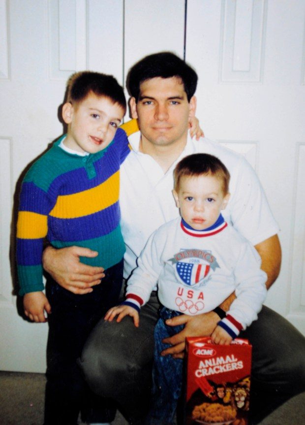 PLEASE CREDIT THESE COURTESY THE FLACCO FAMILY.AUDUBON, NJ -- 7/1/09 -- SP FLACCOS FERRON -- Steve Flacco with sons Joe (striped shirt) and Mike in a photo dated 1989 Wednesday, July 1, 2009. The Flaccos have two sons involved in professional sports - Joe in pro football (NFL's Baltimore Ravens) and Mike in pro baseball (MLB's Baltimore Orioles, after signing a minor league contract). (Karl Merton Ferron [Sun Photographer]) (_DSC2996.JPG)