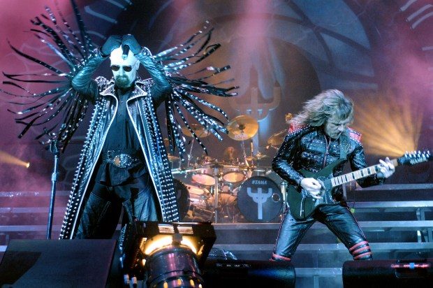 (DE) West Palm Beach--This is Judas Priest, metal gods of the 1980's. At left is singer Rob Halford, and at right is guitarist Glenn Tipton during their show Thursday night in West Palm Beach. Staff photo by Robert Duyos