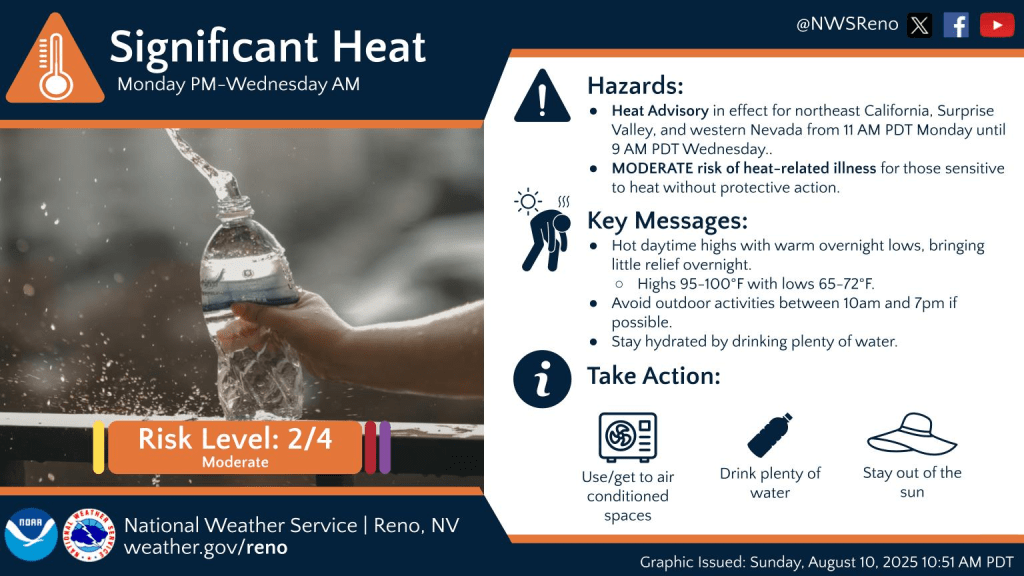 Carson City area weather: Temperatures from 95 to low 100s prompt Heat Advisory