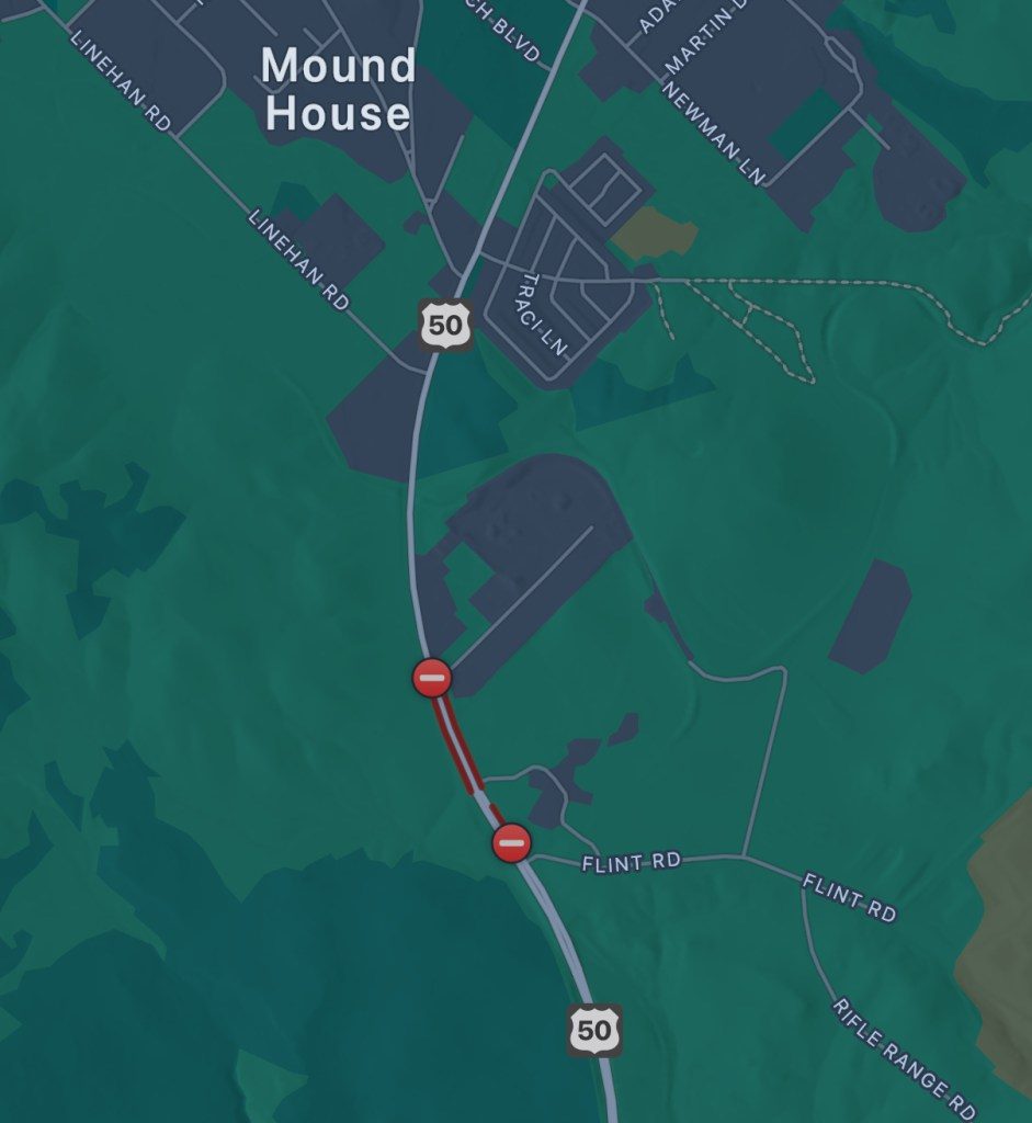 Highway 50 E. closed due to crash near landfill; Care Flight reported