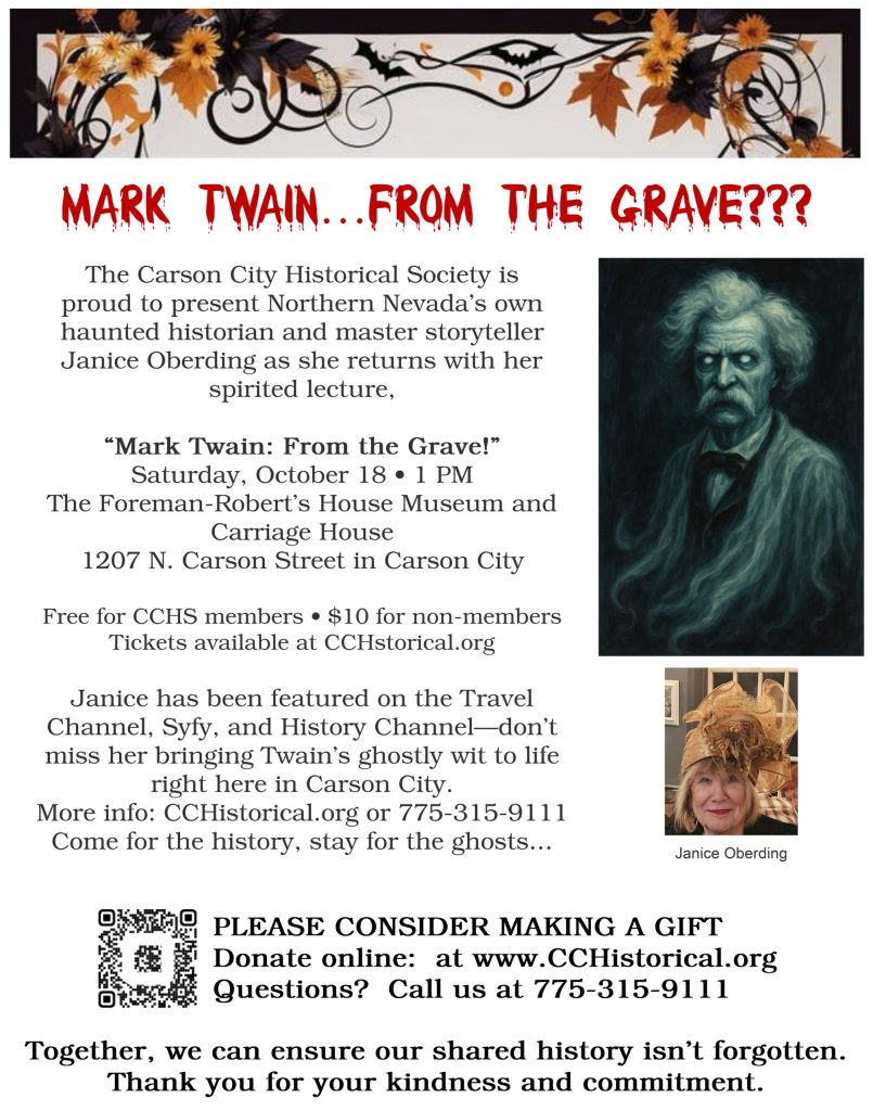 Carson City Historical Society Presents ‘Mark Twain–From the Grave! An afternoon with Janice Oberding’
